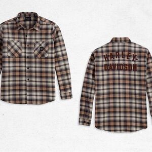 Harley-Davidson Men's Checkered Shirt - Black, Brown, and Cream